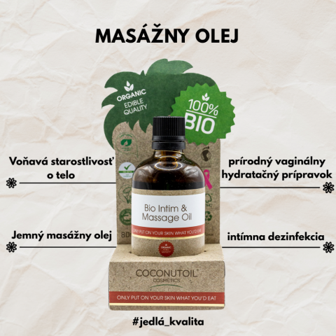CoconutOil Cosmetics Bio intímny a masážny olej so sladkým pomarančom – 80 ml Bio intimní a masážní olej se sladkým pomerančem Coconutoil Cosmetics 80 ml pro intimní péči, masáž a hydrataci