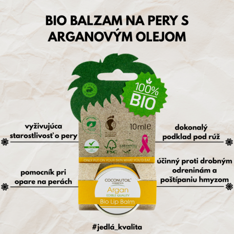 CoconutOil Cosmetics Bio arganový balzam na pery 10 ml Coconutoil Bio Arganový Balzam na Pery 10 ml na hydratáciu, výživu a ochranu suchých pier, info