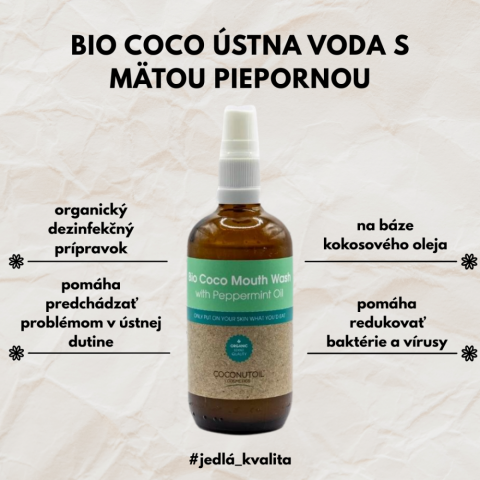 Coconutoil Bio Coco Ústna Voda s Mätou 100 ml pre svieži dych a každodennú starostlivosť o ústnu dutinu.