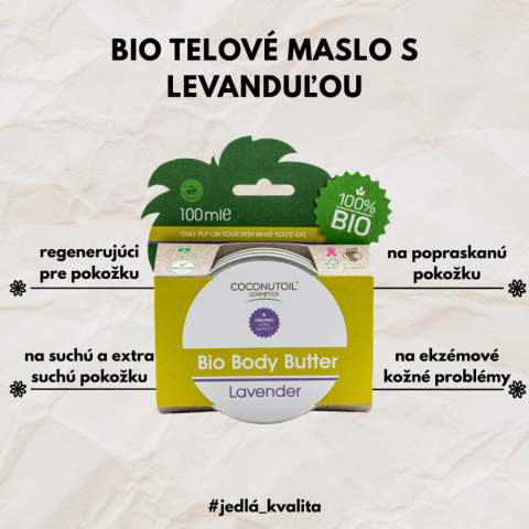 CoconutOil Cosmetics Bio Telové Maslo s Levanduľou – 60 ml Coconutoil Bio Telové Maslo s Levanduľou 60 ml na hydratáciu, regeneráciu a upokojenie suchej pokožky.