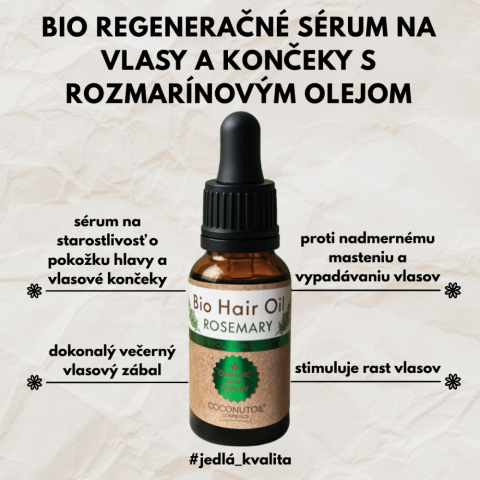 CoconutOil Cosmetics Bio Vlasové Sérum s rozmarínovým olejom – 30 ml Bio sérum na regeneráciu vlasov a vlasových končekov s rozmarínovým olejom.